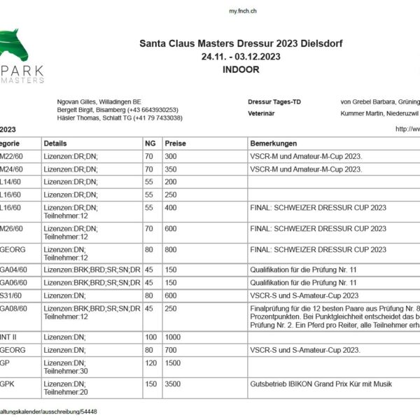 12 Dressur- und 15 Springprüfungen am Horse Park Masters 2023